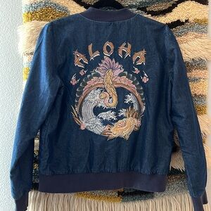 O'NEILL Aloha Back Embroidered Denim Bomber Jacket Dark Wash Women's Medium
